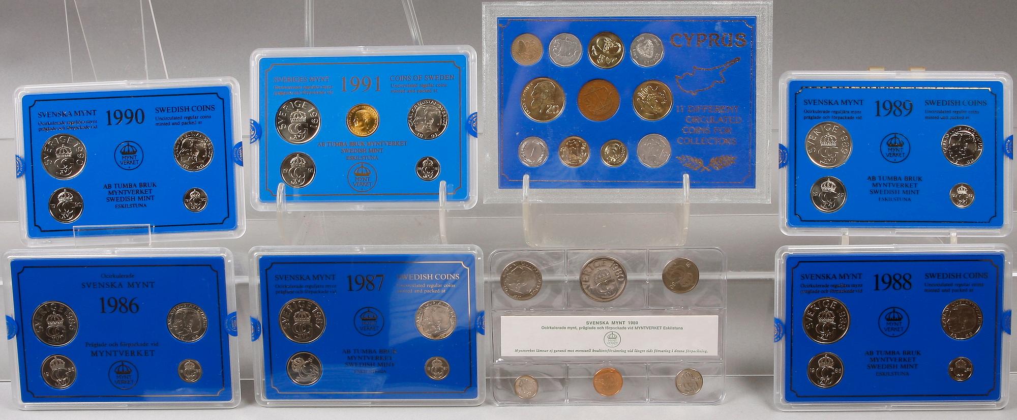 MYNTÅRSSATSER, 20 st, Myntverket Tumba Bruk, Swedish Mint Eskilstuna, 1980-1999.