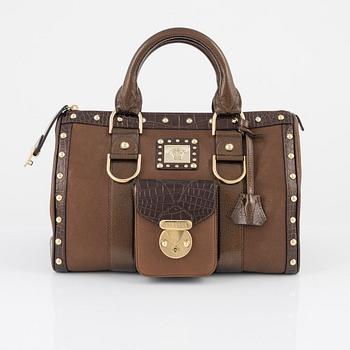 Versace, a bronze metallic leather handbag.