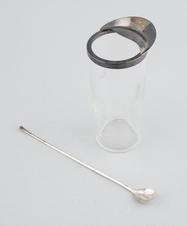 Cocktail jug and stirrer in glass and silver by Anton Michelsen, Denmark, mid/third quarter of the 20th century.
