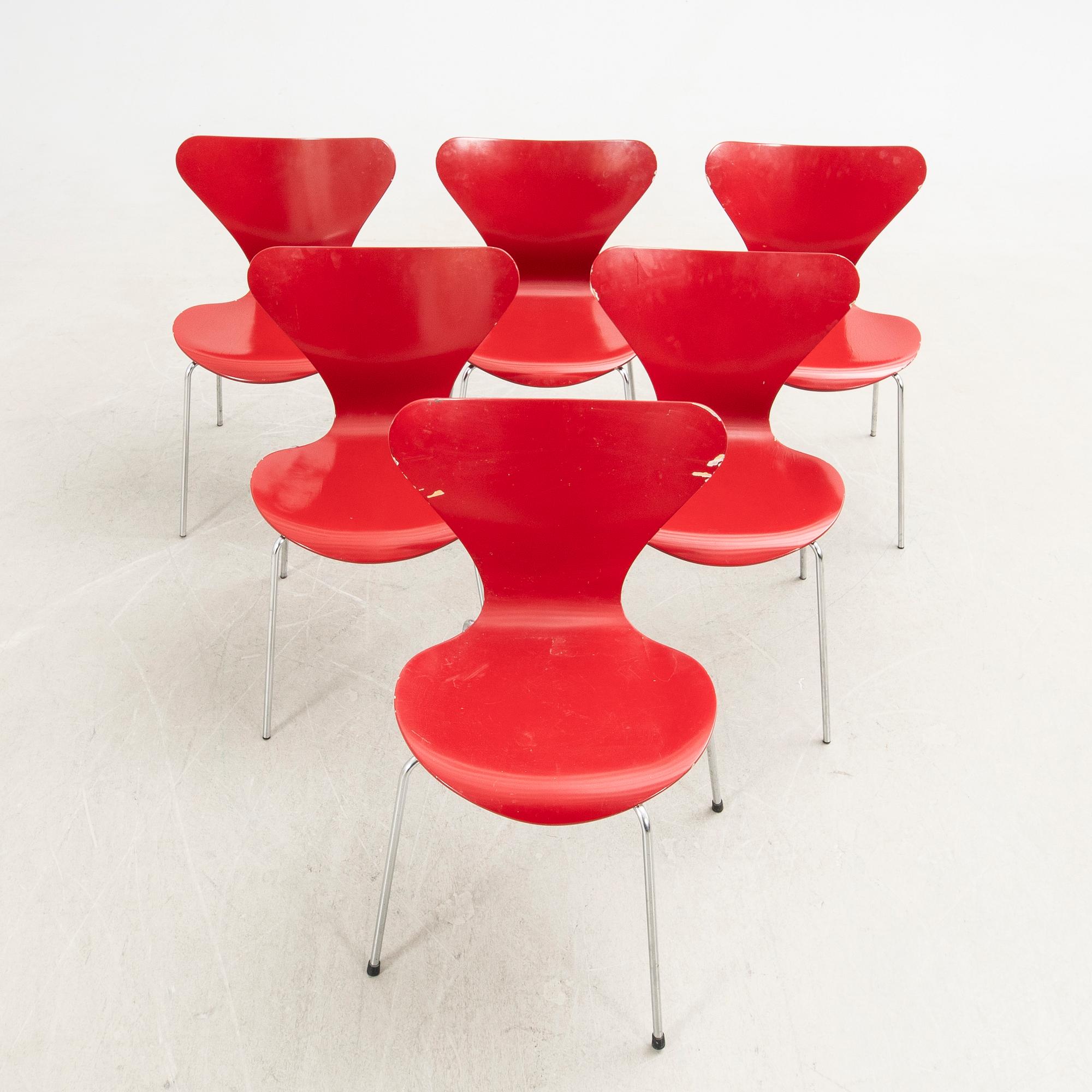 Arne Jacobsen, stolar, 6 st, "Sjuan", Fritz Hansen, Danmark, 1982.