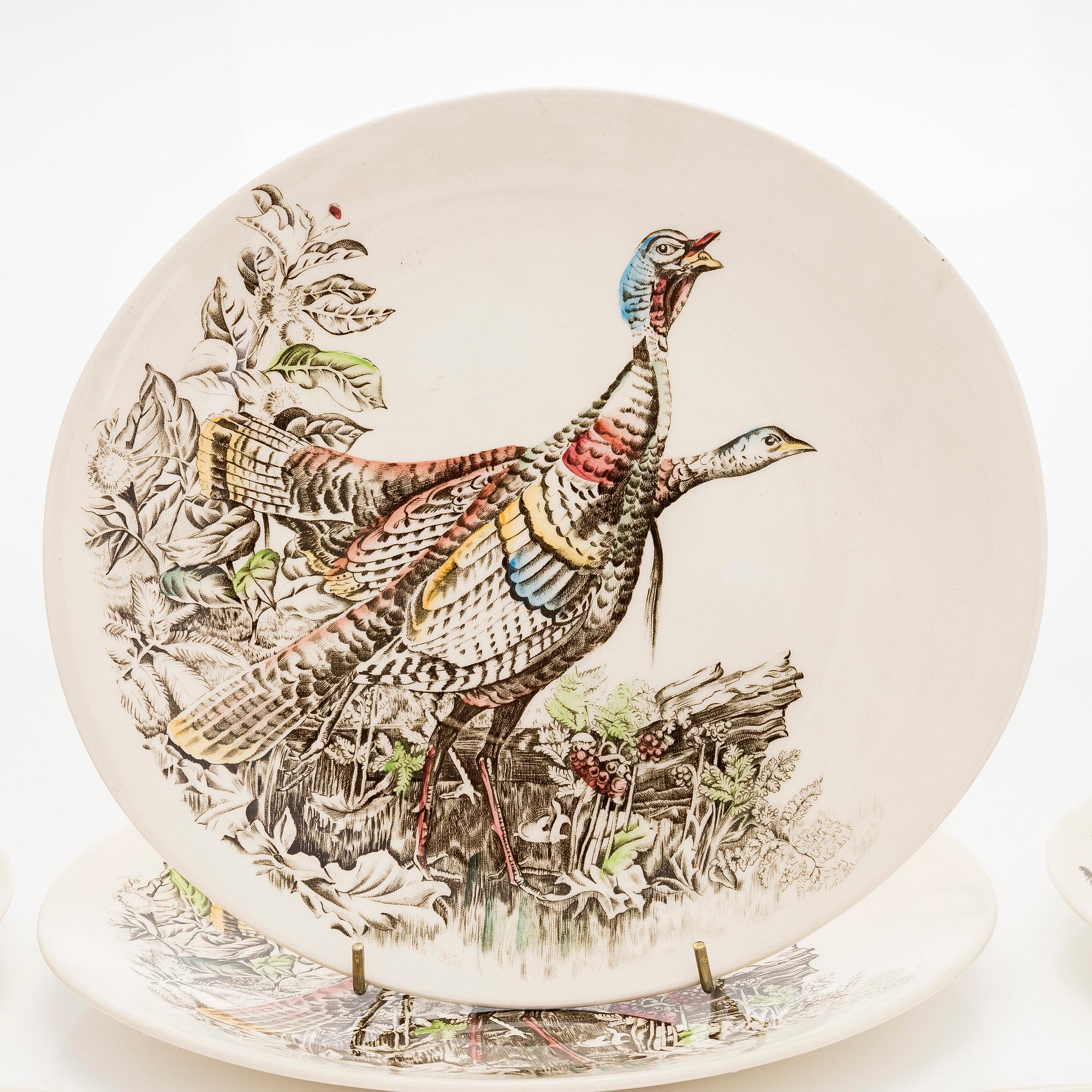 9 “Birds” plates, earthenware, Johnson Bros, England, first half/mid-20th century.