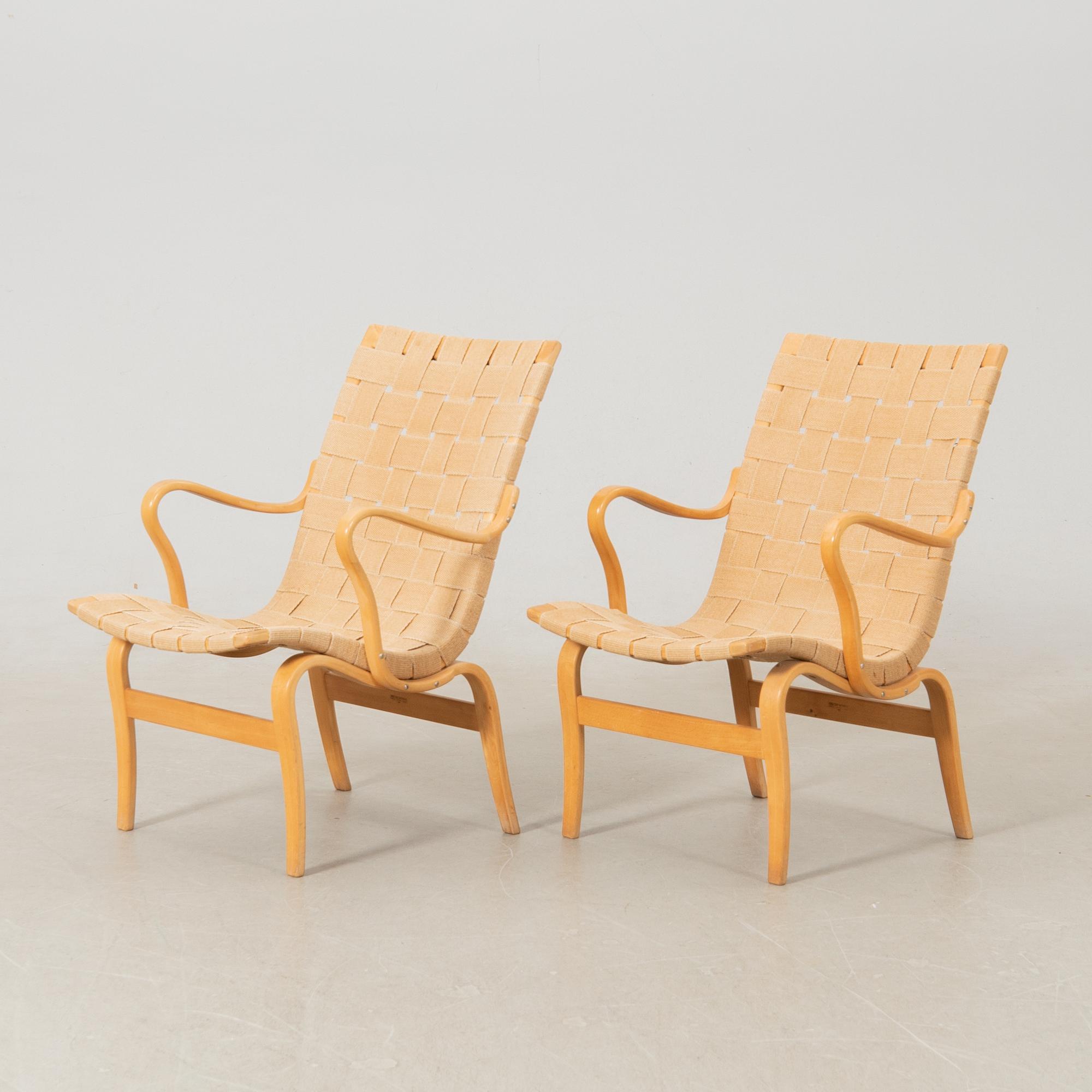 Bruno Mathsson, a pair of "Eva" armchairs, Karl Mathsson Värnamo 1969.