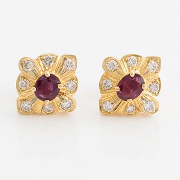 Earrings, gold, with rubies and brilliant-cut diamonds.