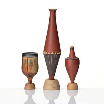 Wilhelm Kåge, a set of three miniature  'Farsta Spirea' stoneware vases, Gustavsberg studio, Sweden, one dated 1958.