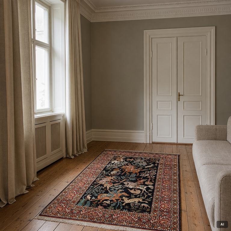 A Kashmir silk rug, c. 168 × 102 cm.