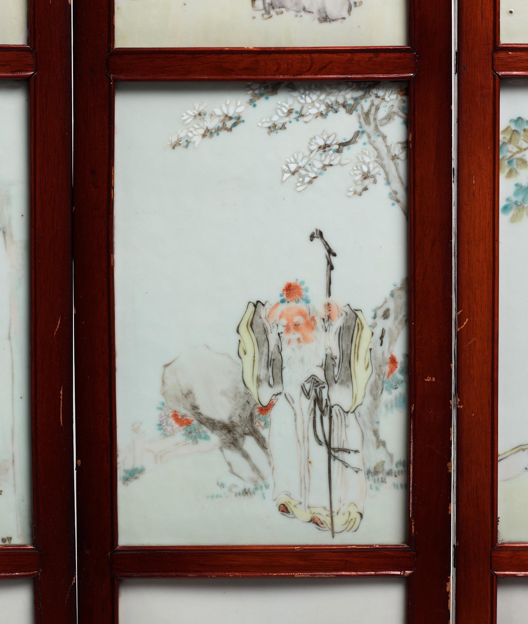 A Chinese folding screen with 48 porcelain tiles, late Qing dynasty, signed Ren Huanzhang, and dated 1881.