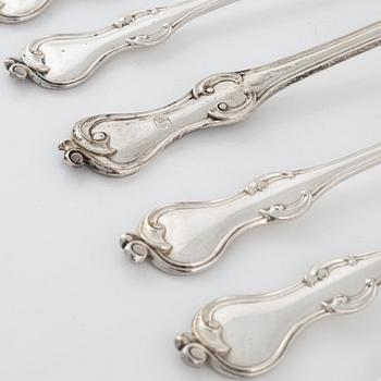 6 Swedish silver forks and a serving spoon, including Carl Tengstedt, Gothenburg, 1855.