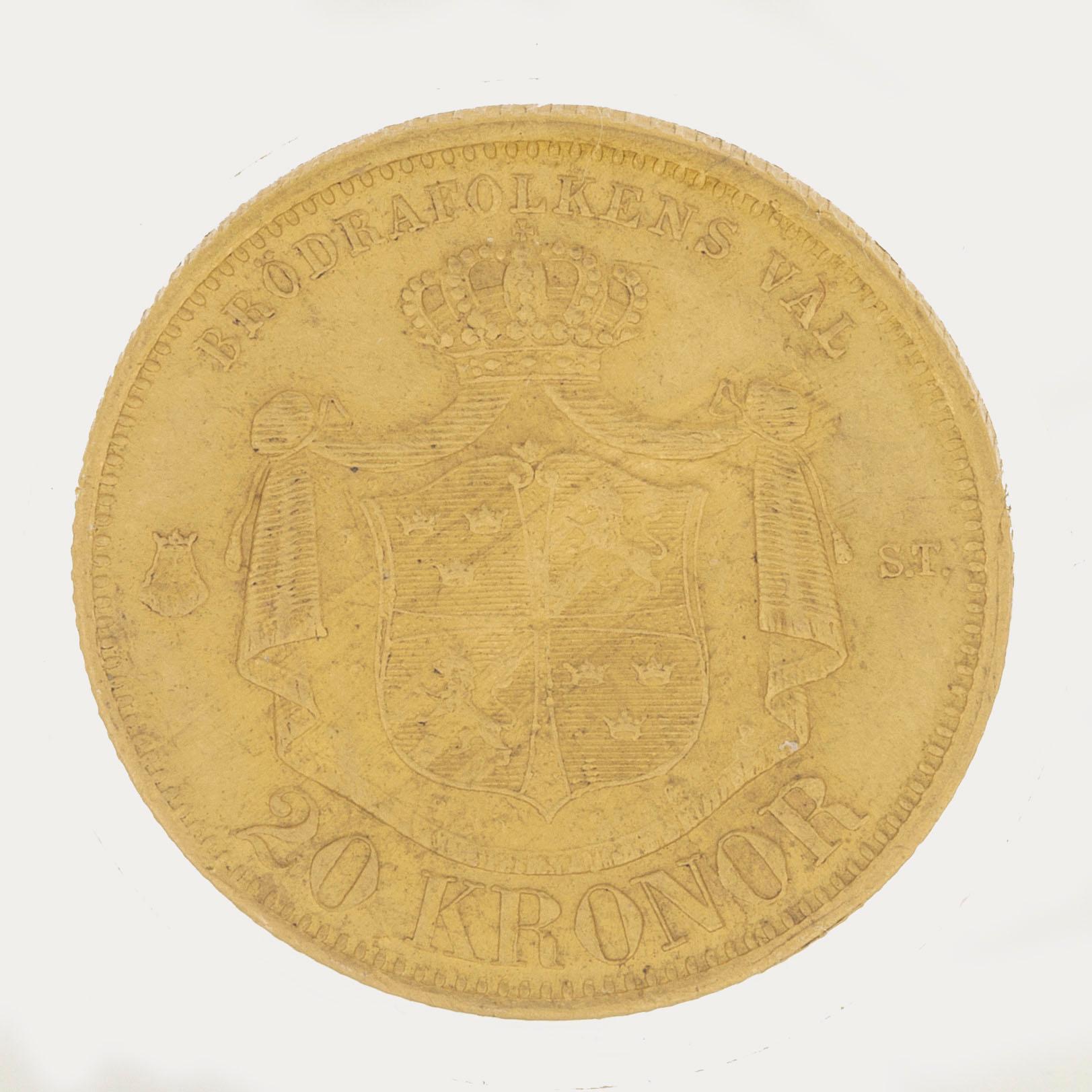 A gold coin, 20 swedish kronor, 1875, weight c 9 g.