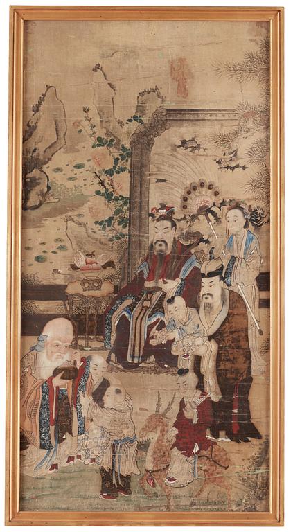 MÅLNING, figurscen med Shoulao, Qingdynastin, 1800-tal.