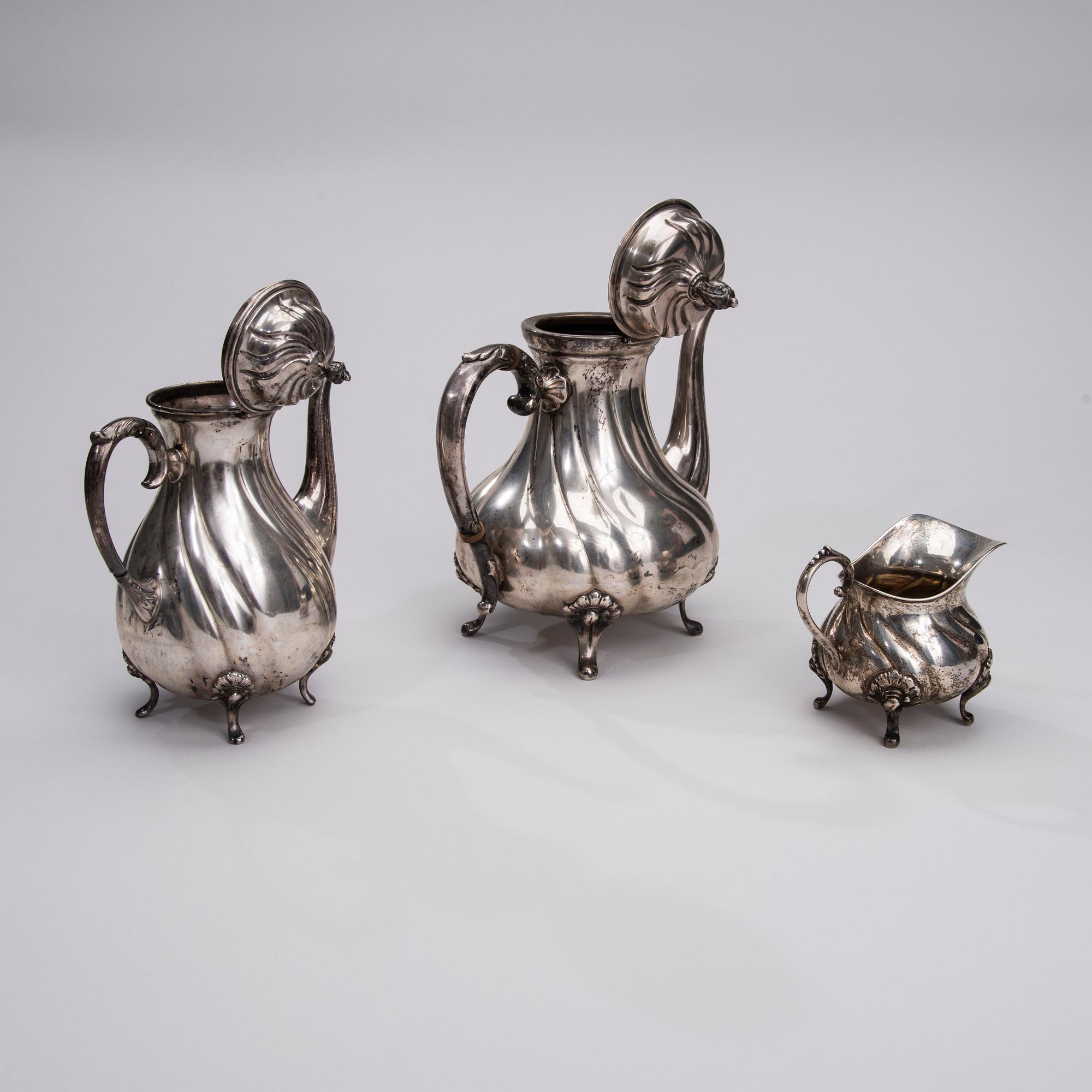 KAFFESERVIS, 3 delar, silver, nyrokoko, Tyskland 1800-talets slut. Vikt 1520 g.