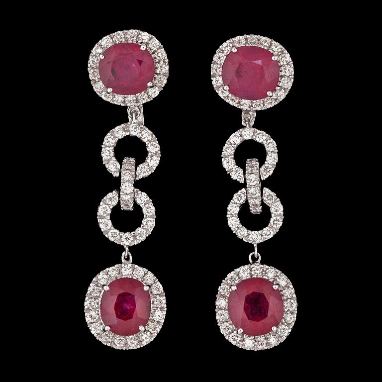 A pair of ruby and brilliant cut diamond earrings, total carat weight circa 2.20 cts.