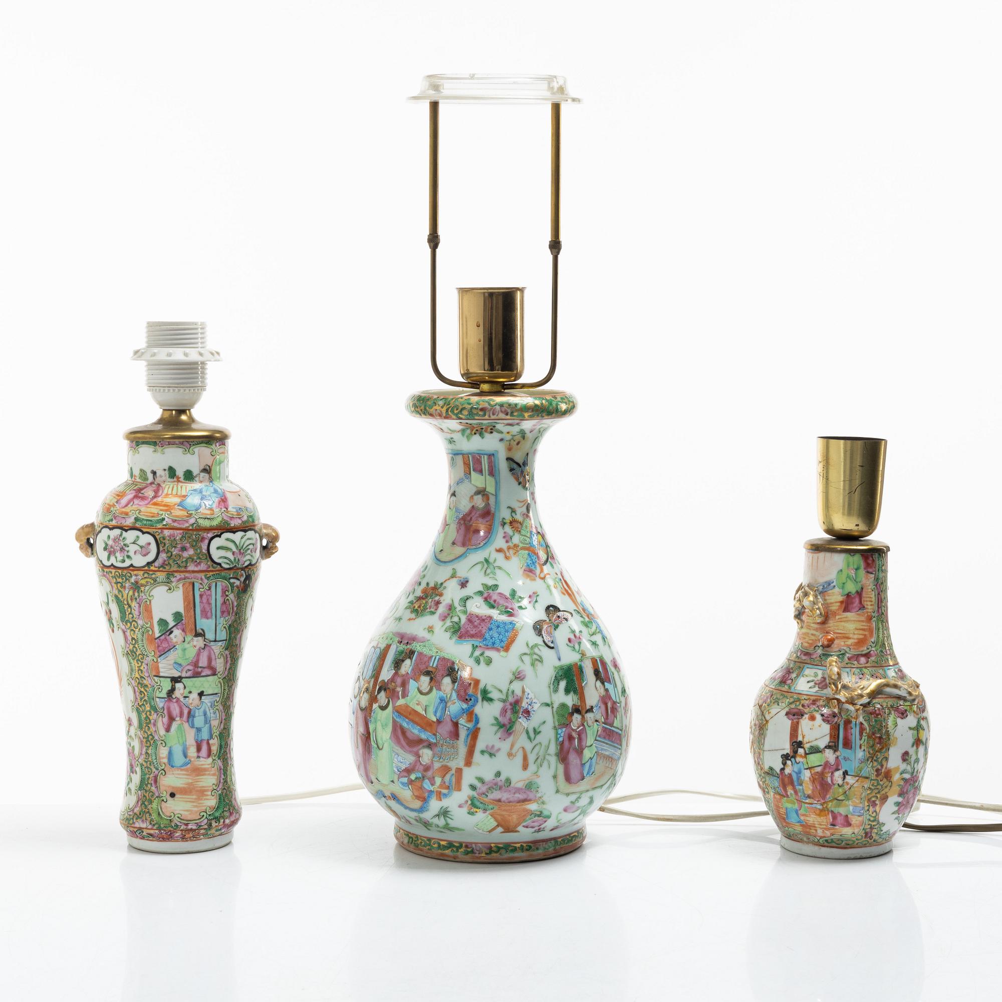 Bordslampor, 3 st, porslin, Kanton, Kina, Qingdynastin, 1800-tal.
