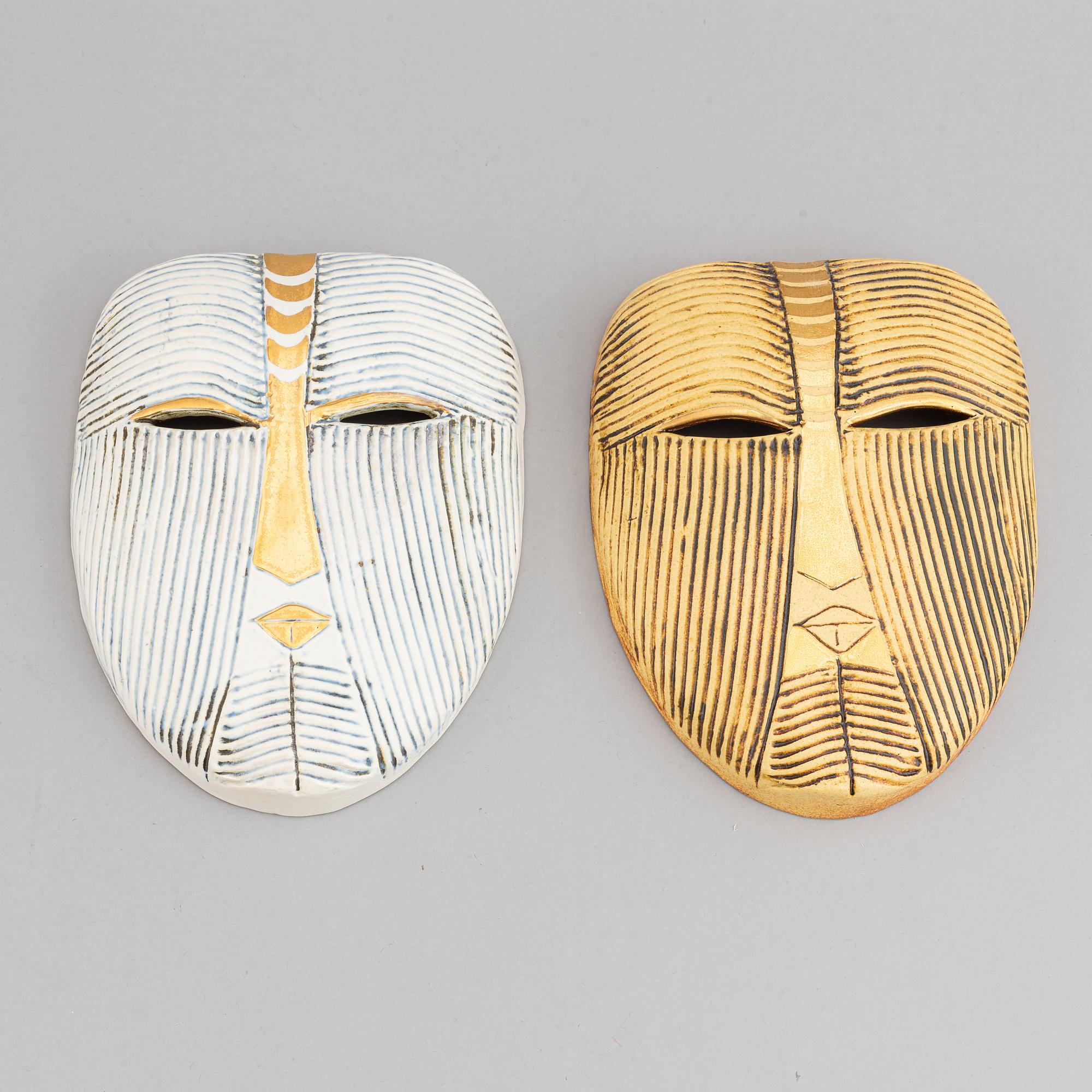 Lisa Larson, masker, 2 st, stengods, K-Studion, Gustavsberg.