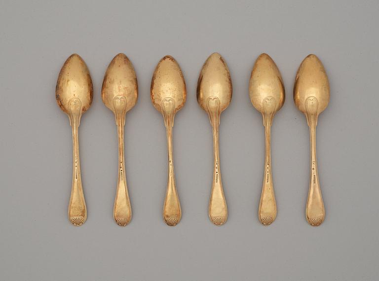 A set of six Swedish silver-gilt dessert spoons, marks of Johan Petter Grönvall, Stockholm 1821-1827.