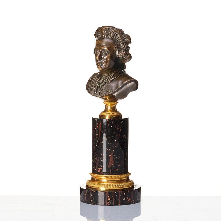 A patinated bronze, ormolu, and porphyry bust of Gustav III, after J. T. Sergel and attributed to F. L. Rung (1758-1837).
