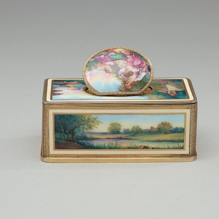 A Swiss early 20th century gilt metal and enamel music-box.