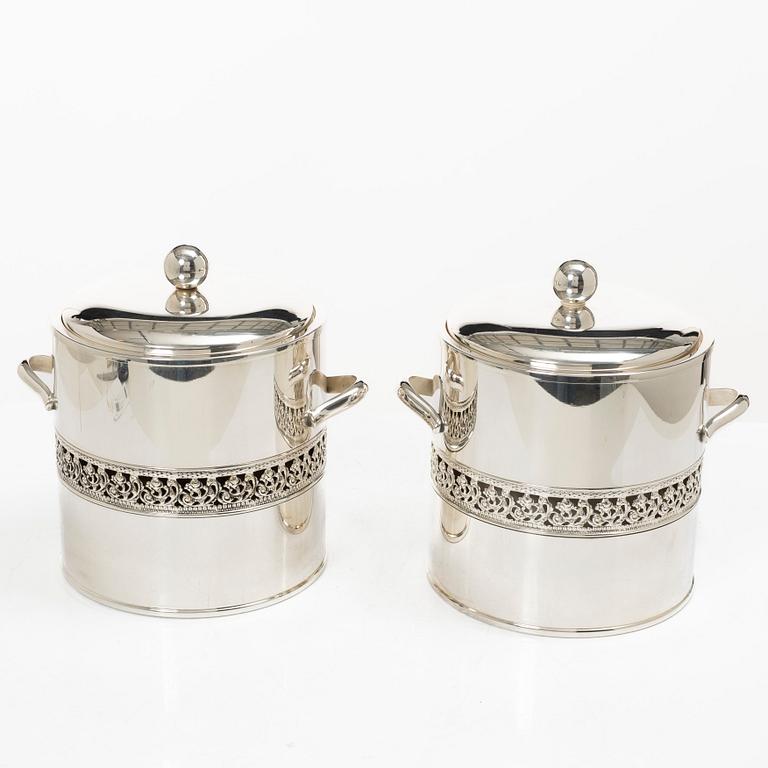 Ice buckets with lids, a pair, silver-plated, Mazzucconi Firenze, Italy.