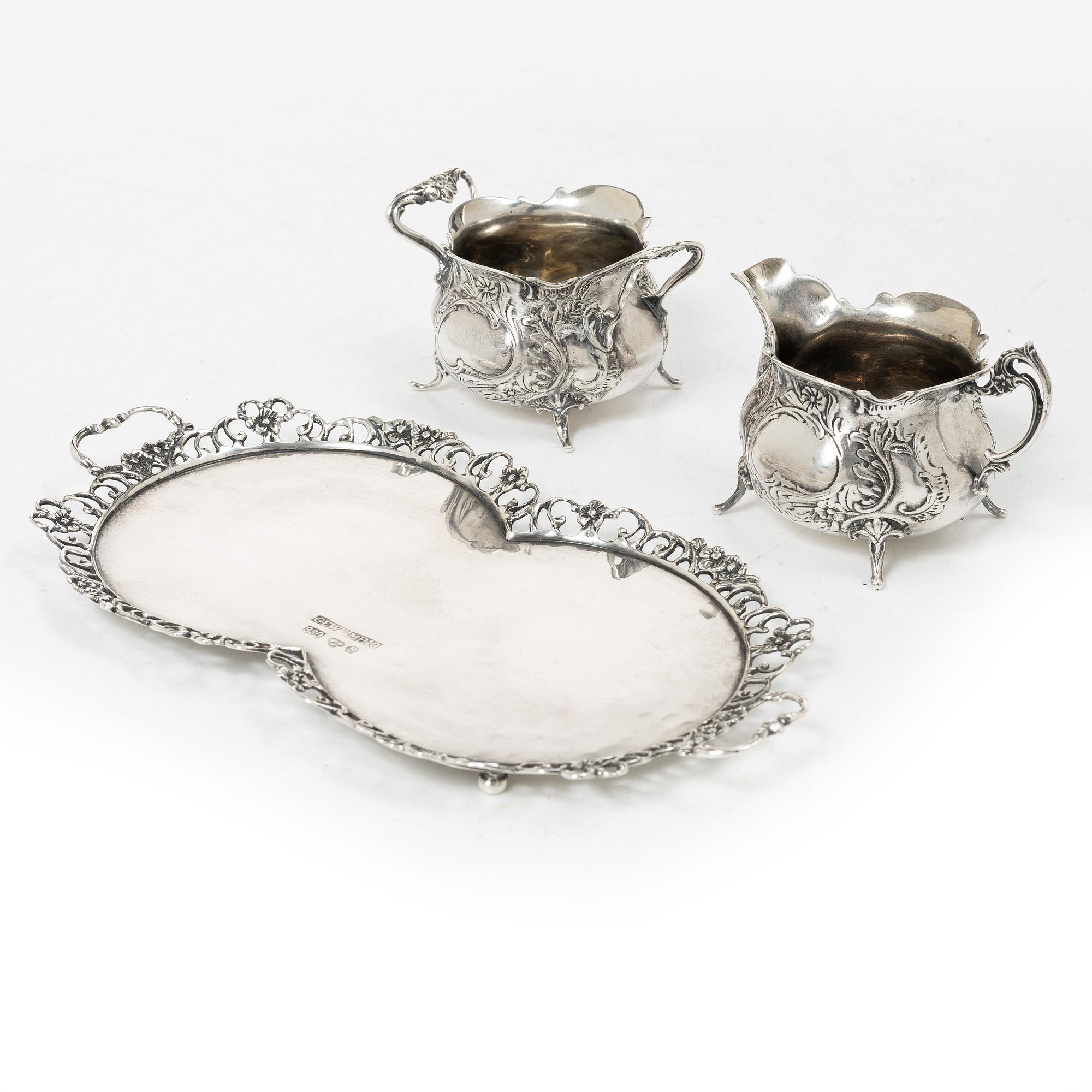 Gewe Silvervarufabriken Ab, cream jug, sugar bowl and tray, silver, Rococo style, Malmö 1968–1976.
