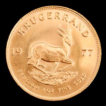 GULDMYNT, finguld, Krugerrand, Sydafrika, 1977. Vikt ca 34 g.