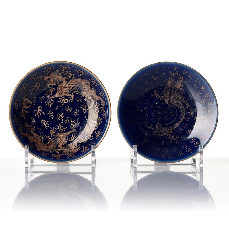 A group of 10 (8+2) blue glazed dishes, late Qing dynasty.