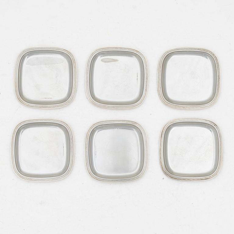 C.G. Hallberg, Coasters / ashtrays, 6 pcs, sterling silver, design by Gustaf Janson, Stockholm 1955-57.