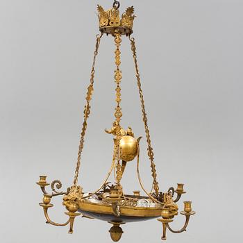 An Empire-style nine-light hanging lamp, late 19th century.