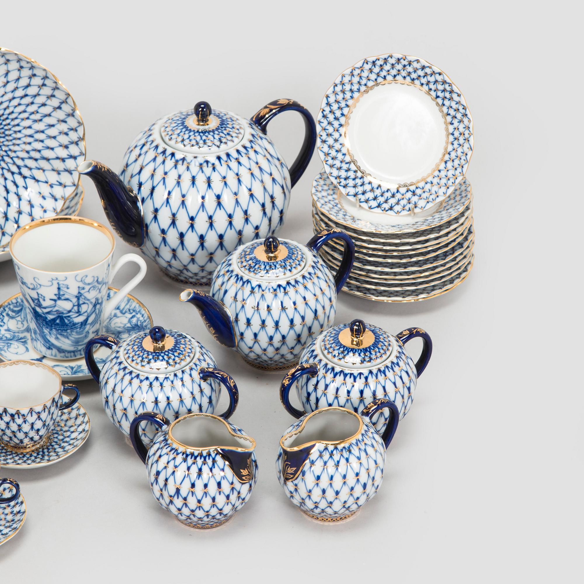 A  'Cobalt Net' porcelain coffee and tea service, Lomonosov, Soviet Union.