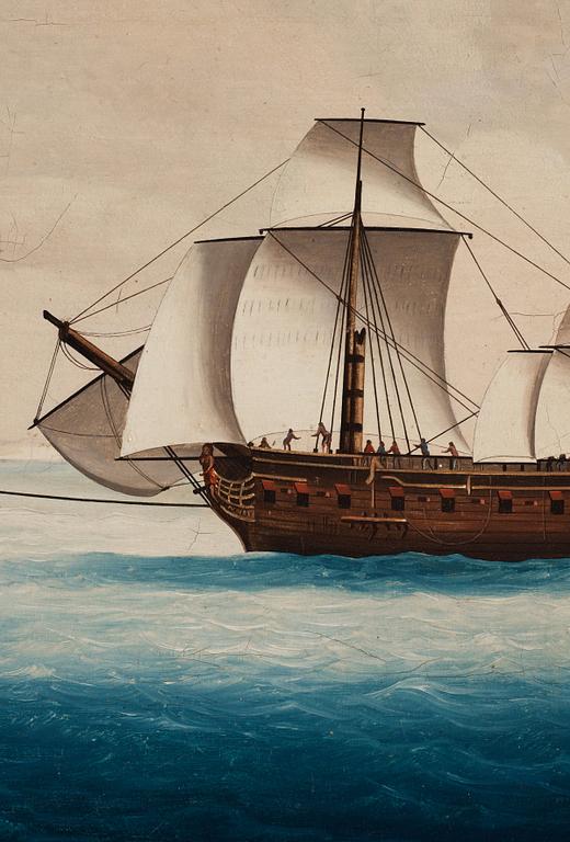 Two Chinese Export paintings of East Indiamen, Qing dynasty, circa 1800.