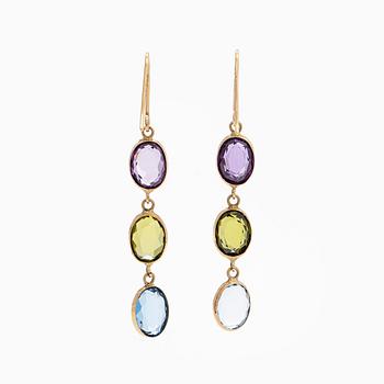 Earrings, amethysts, peridots, topazes, 14K gold.