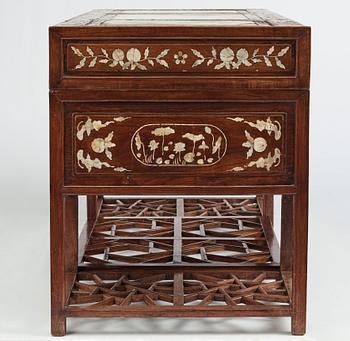 A Chinese writng desk with stone placques and mother of pearl inlay, late Qing dynasty.