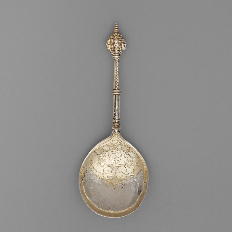 Icke identifierat bomärke, sked med knopp med fyra kerubhuvuden, silver, Sverige 1600-talets början, renässans.