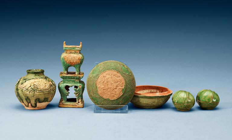 A group of five green glazed vessels, Ming dynasty, 17th Century.