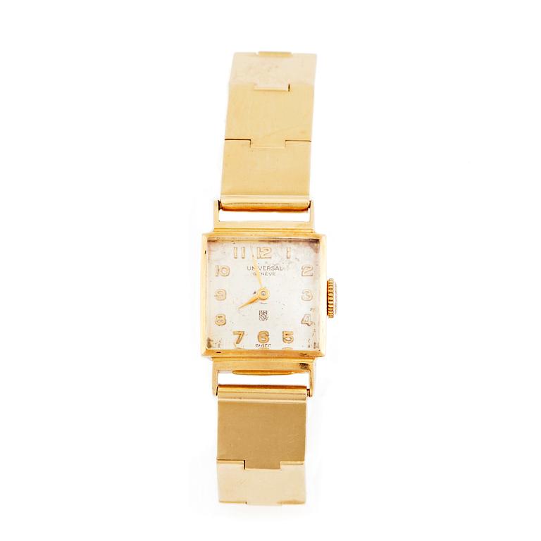 Wiwen Nilsson, an 18K gold bracelet executed in Lund 1955 with an Universal wrist watch.