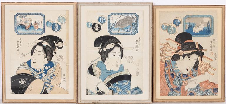 Utagawa Toyoshige Toyokuni II, three woodblock prints from the series "Comparison with Twelve Zodiac Signs".