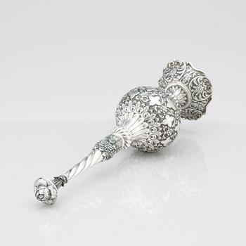 An 1880's british Raj repoussé silver rosewater sprinkler by Oomersi Mawji & Sons.