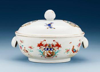 A famille rose armorial tureen with cover, Qing dynasty, Qianlong (1736-95) ca 1746.