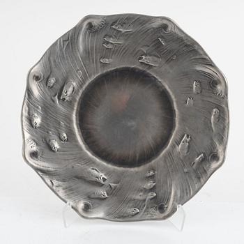 Olof Ahlberg, a pair of pewter candlesticks and a dish, Stockholm, including 1960.