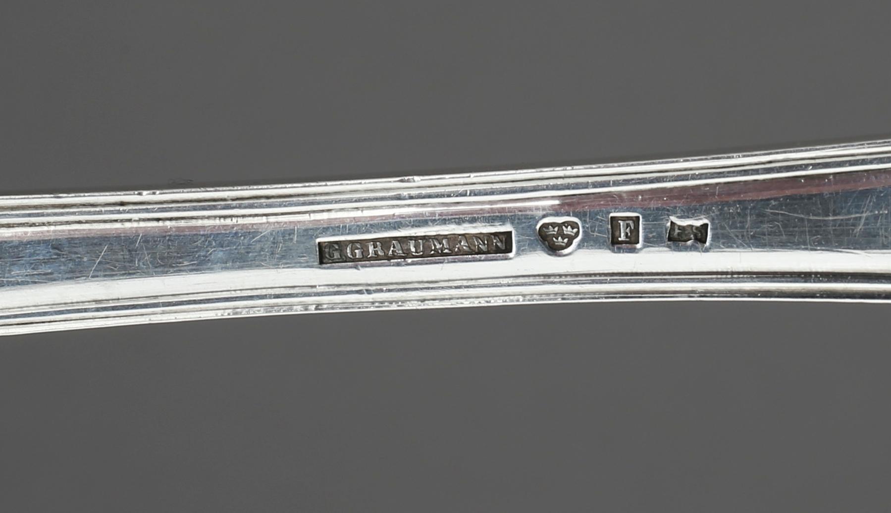 RAGUSKED samt SKEDAR, 6 st, silver, Gustav Graumann, Falun, 1860 respektive 1861. Vikt 548 g.