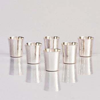 Atelier Borgila, a sterling silver vase and six small beakers, Stockholm 1963 and 1987.