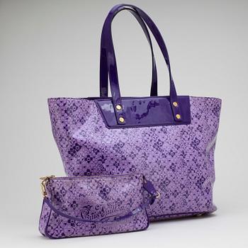 LOUIS VUITTON, a purple beach ensemble consisiting of a tunic, sandalettes, and two bags.
