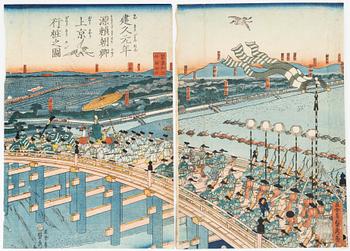 Utagawa Sadahide, färgträsnitt, diptyk, Japan 1800-talets mitt.