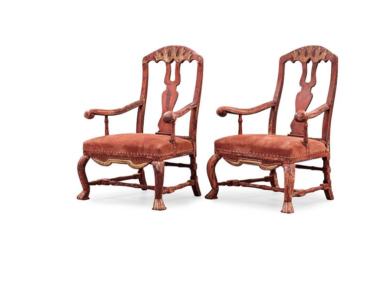 A pair of Swedish late Baroque 18th century armchairs.