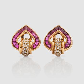1212. A pair of Bulgari ruby and brilliant-cut diamond earrings.