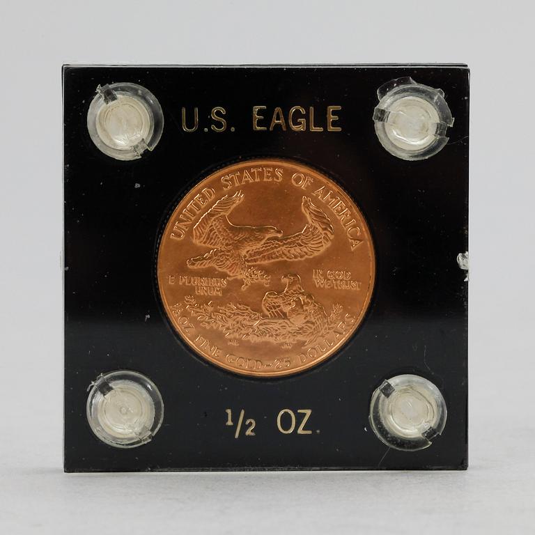 GULDMYNT, 24 k guld, 25 dollar, USA, 1986, 1/2 ounce, ca 14,17g.