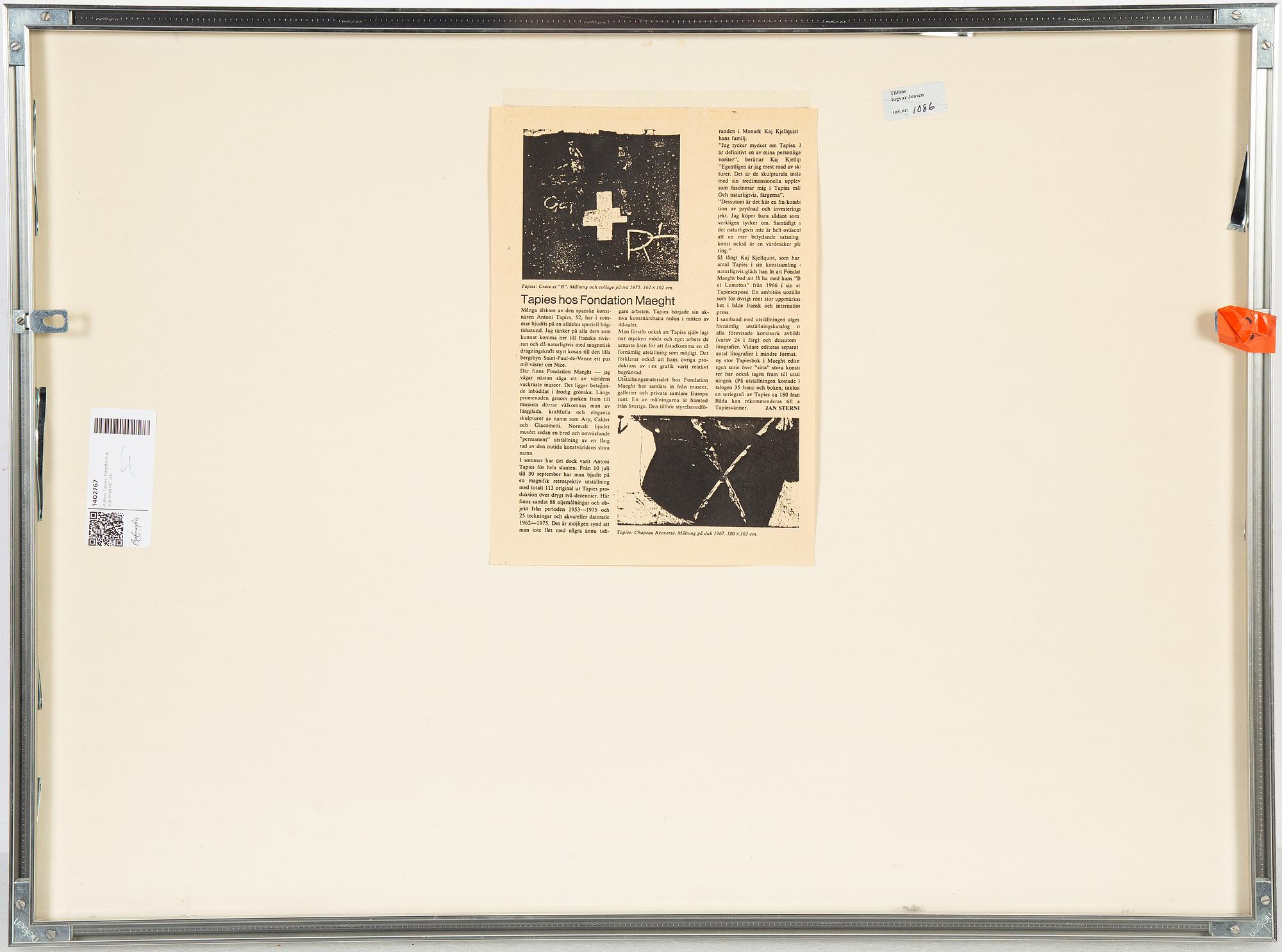 Antoni Tàpies, färgetsning, signerad HC, utgiven 1988.