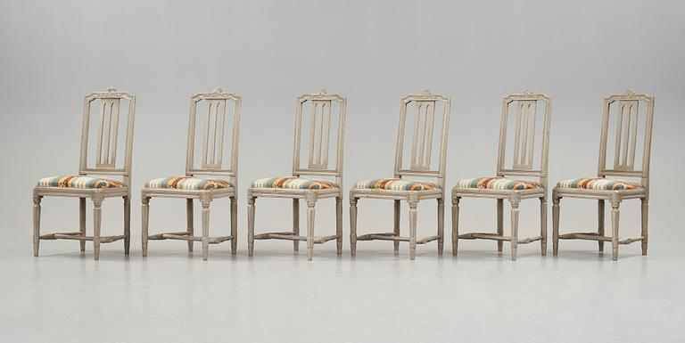 Six Gustavian late 18th century chairs by Erik Öhrmark, master in Stockholm 1777-1813.