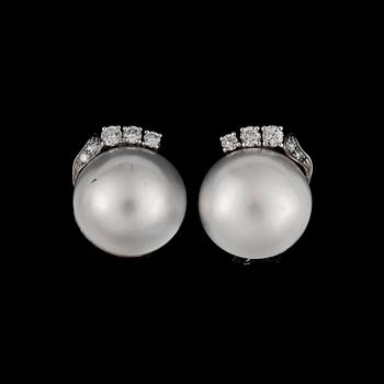 90. A pair of cultured half pearl and diamond, total circa 0.90 ct, earrings.