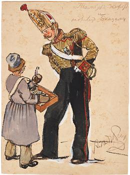 447. Alexandre Benois, "A drum major and a sweet meat seller". A costume design for Igor Stravinsky's Petrushka, scene 1 The Butterweek Fair.