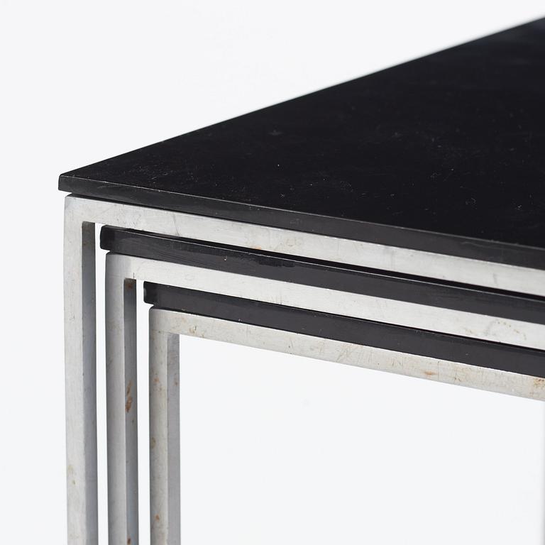 Poul Kjaerholm, a three pieces steel based, black acrylic top 'PK71' nest of tables, edition E. Kold Christensen, Denmark.