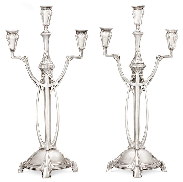 A pair of WMF Art Nouveau silver plated pewter candelabra, Germany.